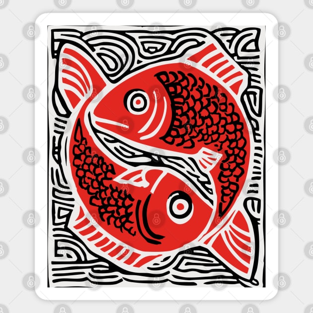 Linocut Fish Duo Art Print - Unique Wildlife Gift Magnet by TuncGK